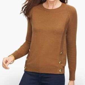 [XL]Talbots Women's Tan Side Gold Tone Button Crewneck Cotton Blend Sweater